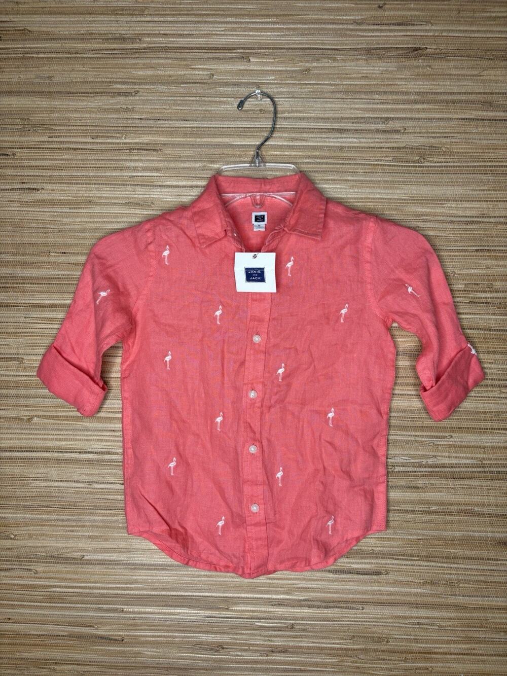 NWT Janie and Jack Boy’s Game Set Linen Button Up Flamingo Shirt Coral Sz 5